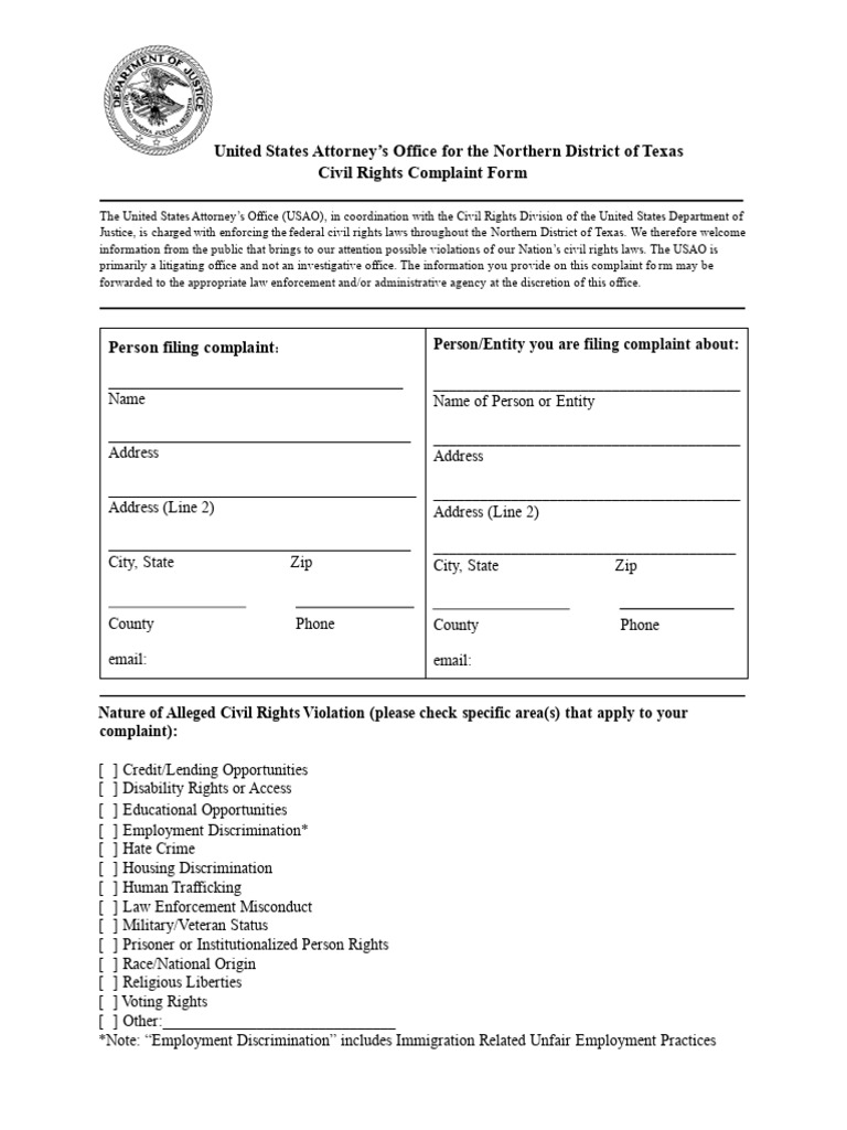 Civil Rights Complaint Form - English | PDF | Complaint | Lawsuit