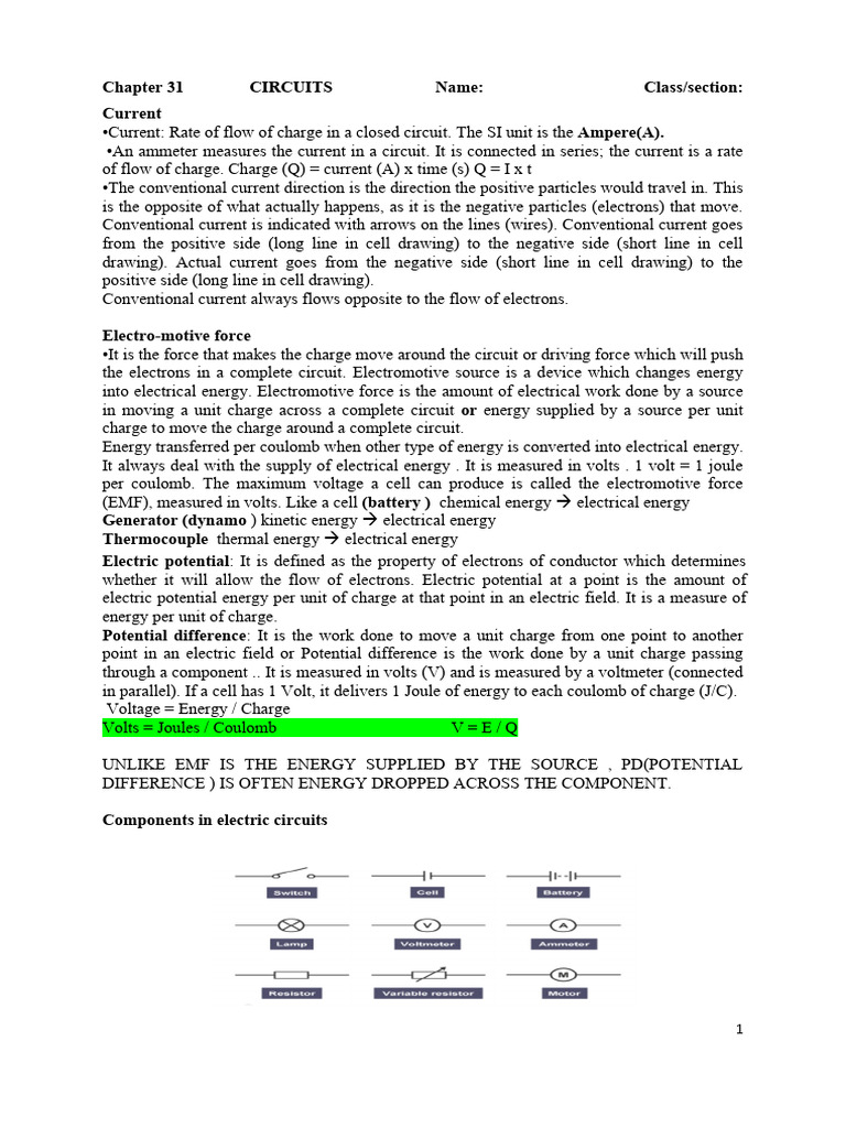 Grade 8 Physics Notes Ch-31 Circuits25-26 | PDF | Electrical Resistance ...