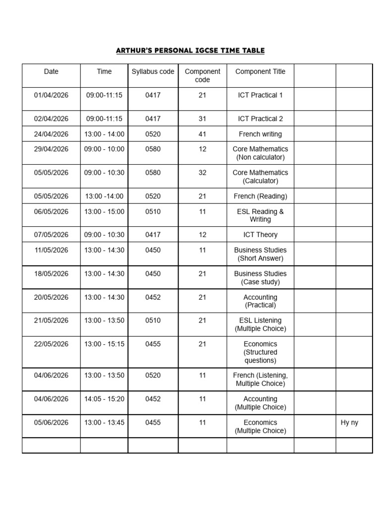 Arthur's Personal Igcse Time Table | PDF