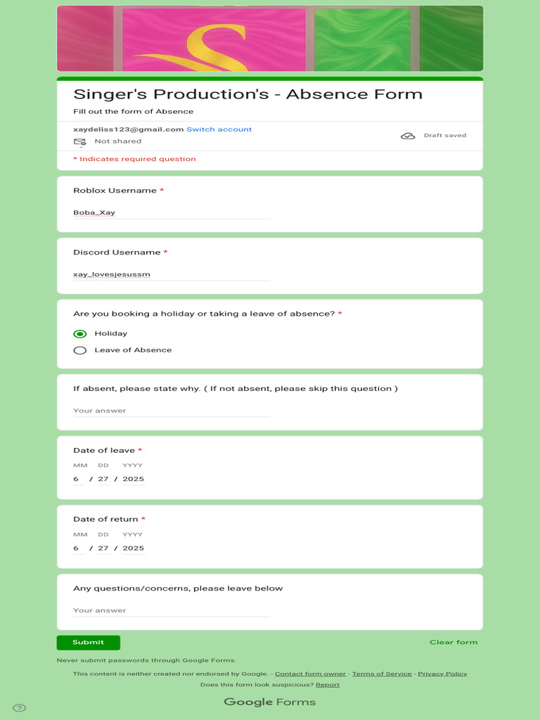 Singer's Production's - Absence Form | PDF