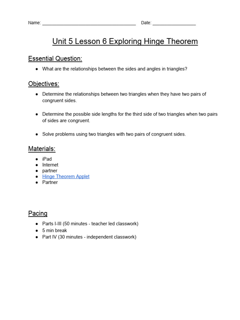 Unit 5 Lesson 6 Exploring Hinge Theorem 1 | PDF | Triangle | Mathematics