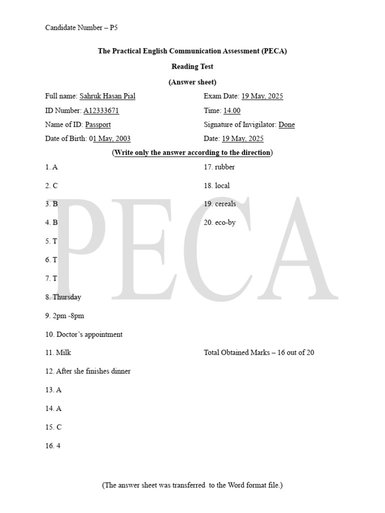 Answer Sheet For Reading Text - P5 | PDF