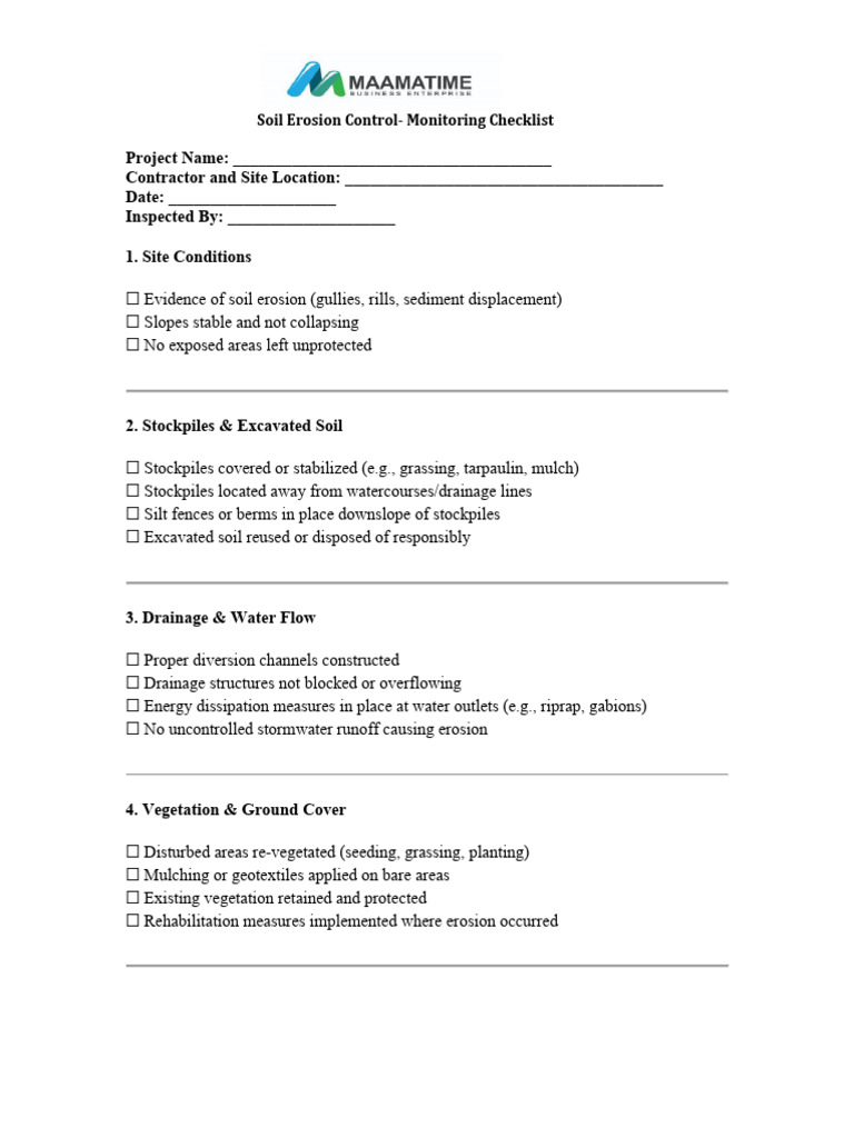 Soil Erosion Control - Monitoring Checklist | PDF