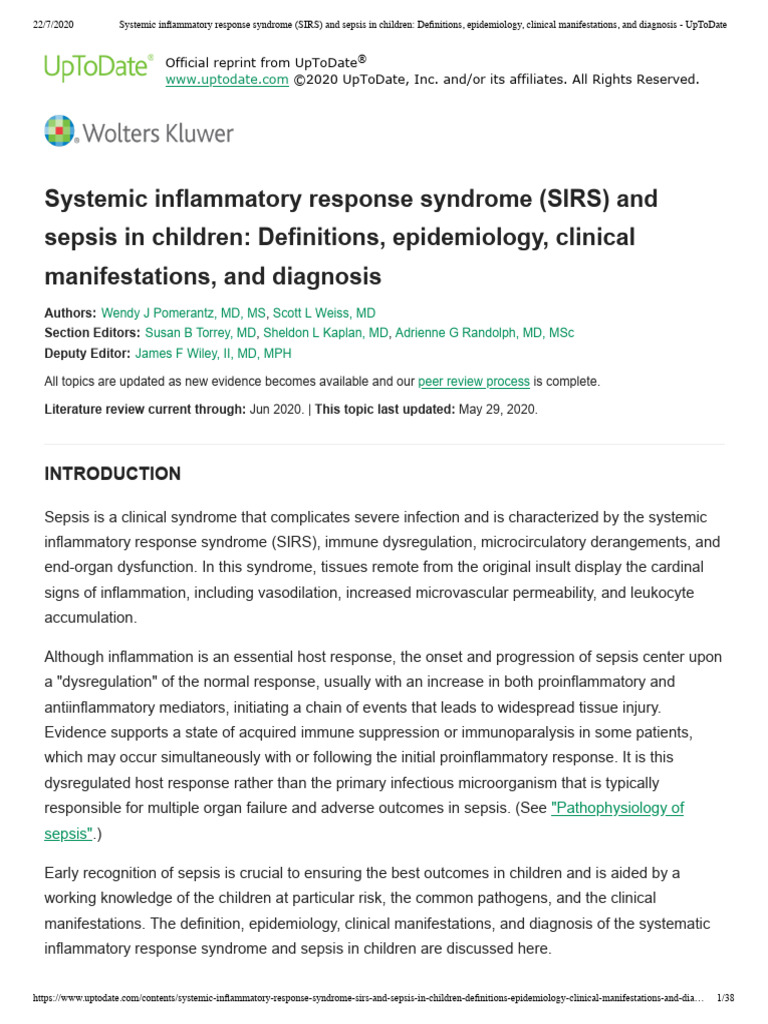 Systemic Inflammatory Response Syndrome (SIRS) and Sepsis in Children ...