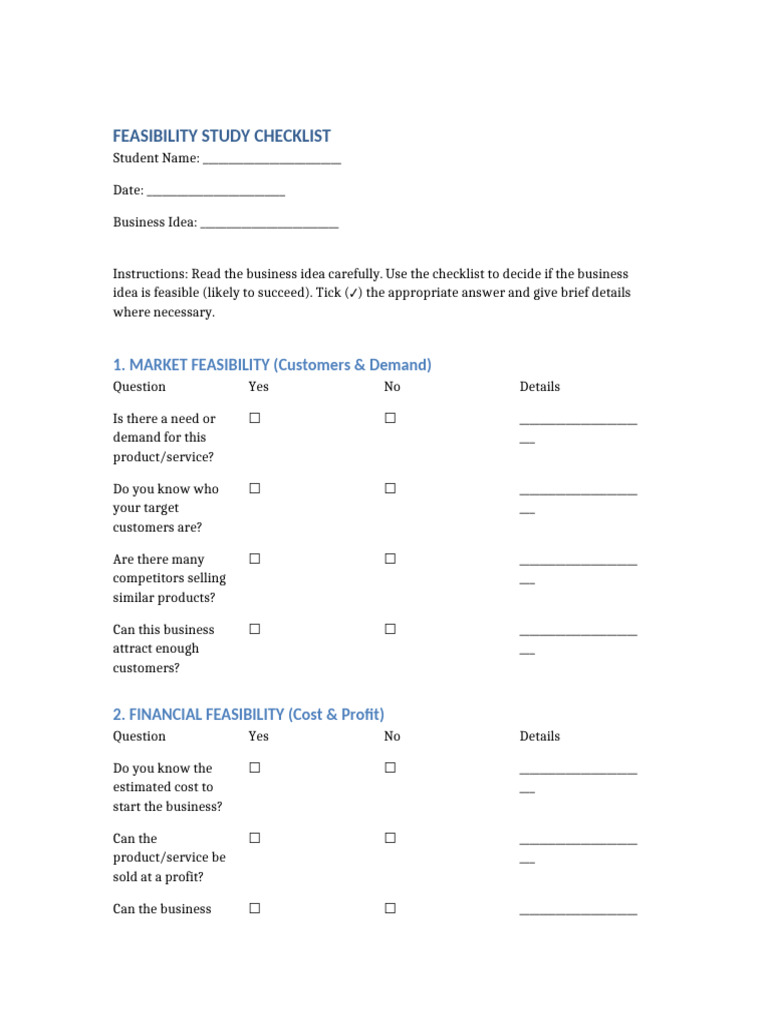 Feasibility Study Checklist | PDF