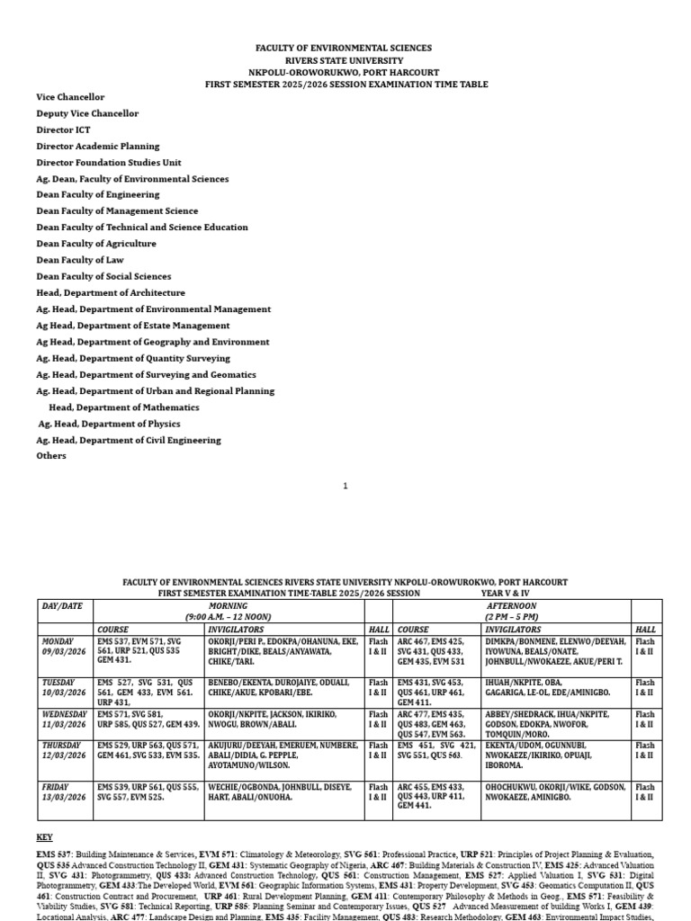 Fes First Semester 2025 - 2026 Examination Timetable - Revised ...