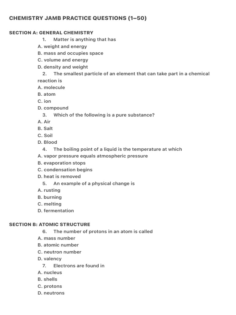 Chemistry Jamb Practice Questions (1-50) | PDF | Chemical Bond | Chemistry