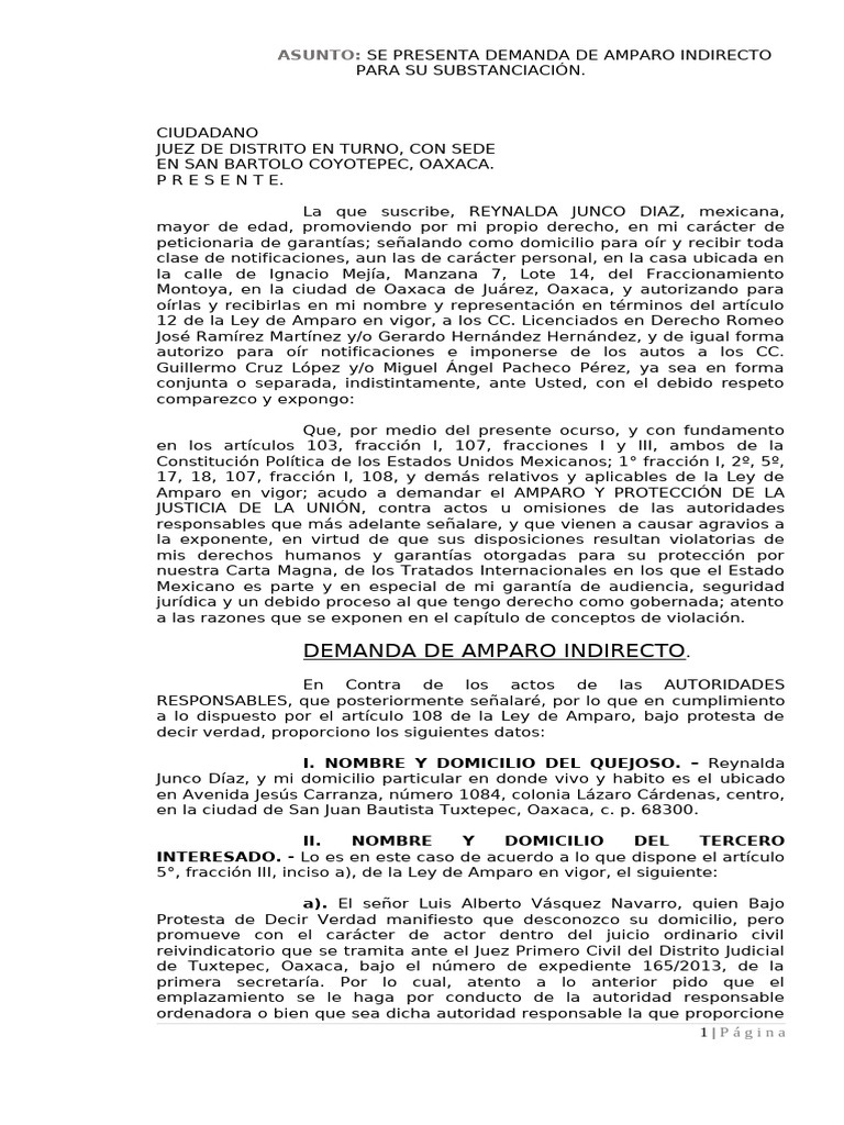 Amparo Indirecto Reynalda Desalojo | PDF | Debido al proceso | Ley procesal