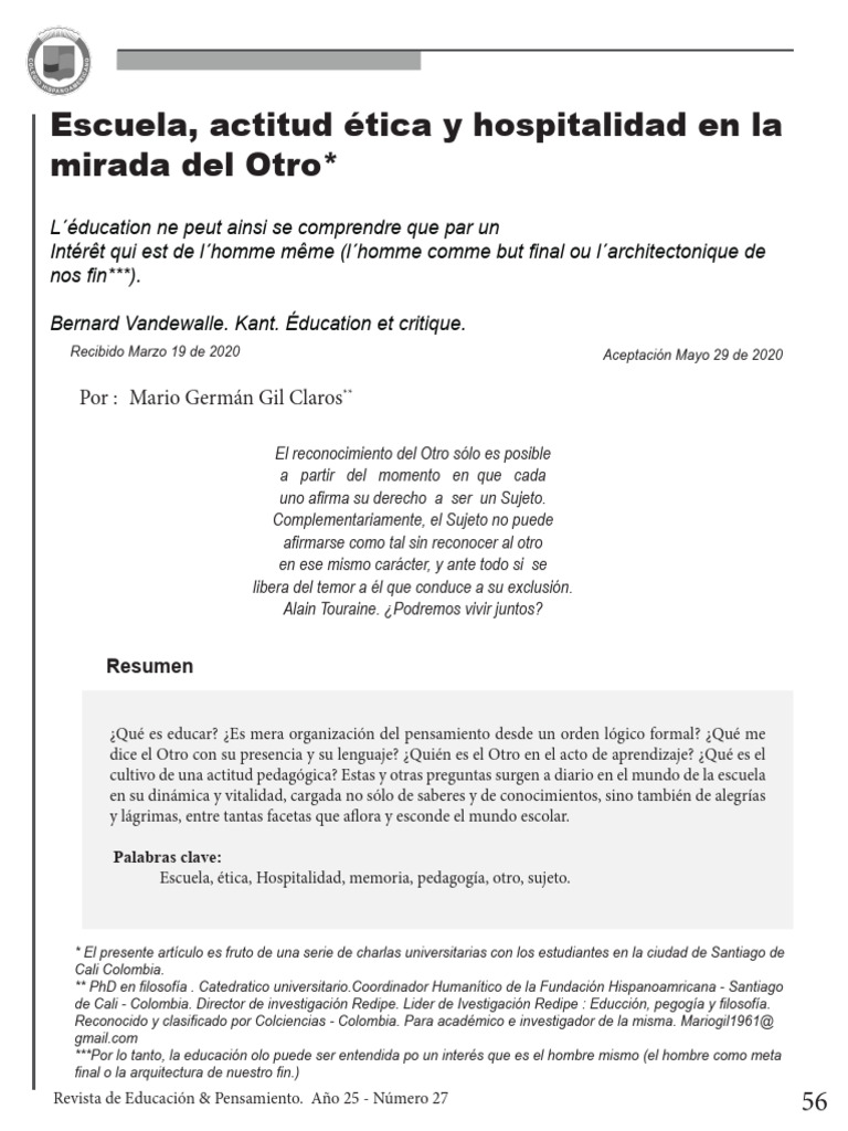 Escuela, Actitud Ética y Hospitalidad en La Mirada Del Otro | PDF