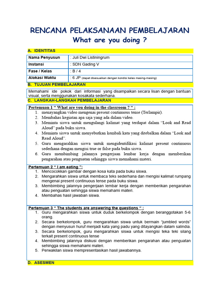 RPP Bahasa Inggris Kelas 4 | PDF