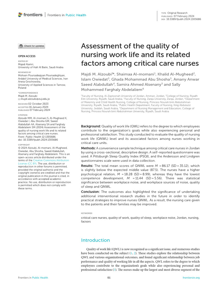 Assessment of The Quality of Nursing Work Life and Its Related Factors ...