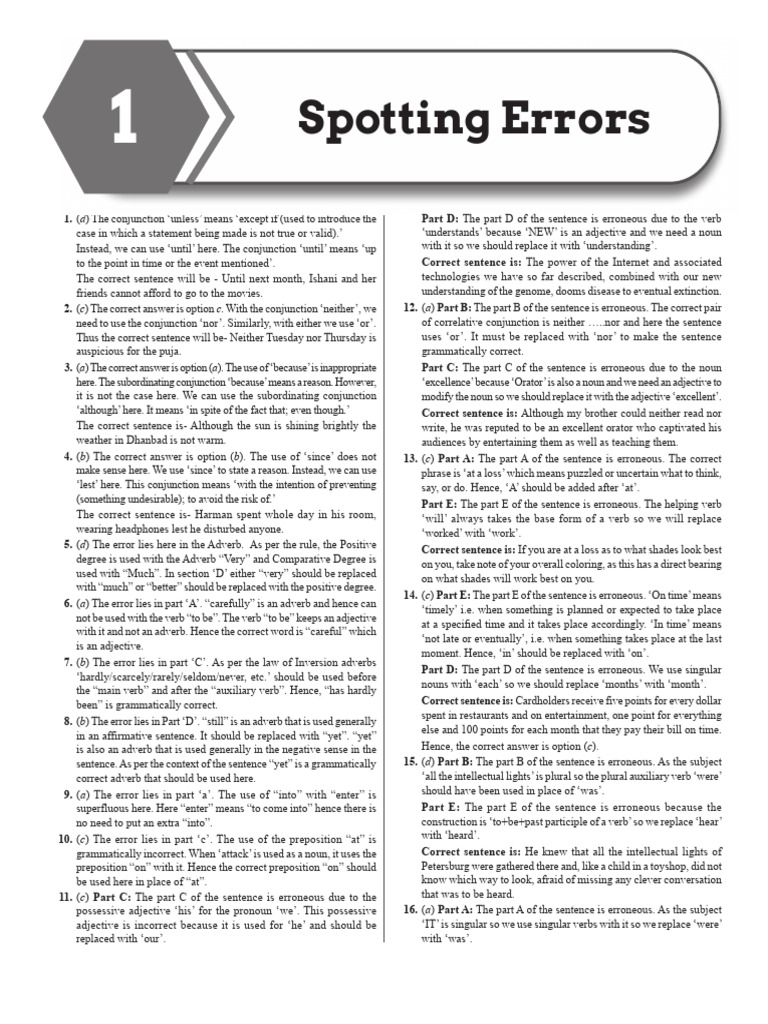 Chp-1 Spotting Errors - Solutions | PDF | Verb | Grammatical Number