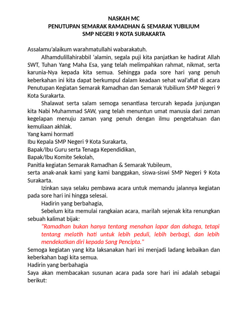 Naskah MC Penutupan Semarak Ramadan | PDF