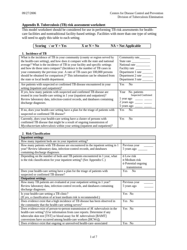Tuberculosis Risk Assessment Worksheet For Facilities | PDF ...