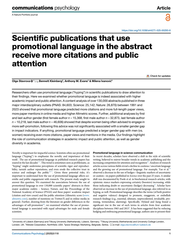 Scienti C Publications That Use Promotional Language in The Abstract ...