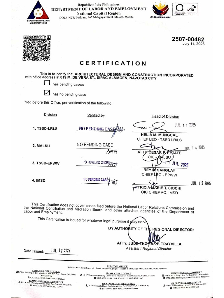 DOLE - Certificate of No Pending Case | PDF