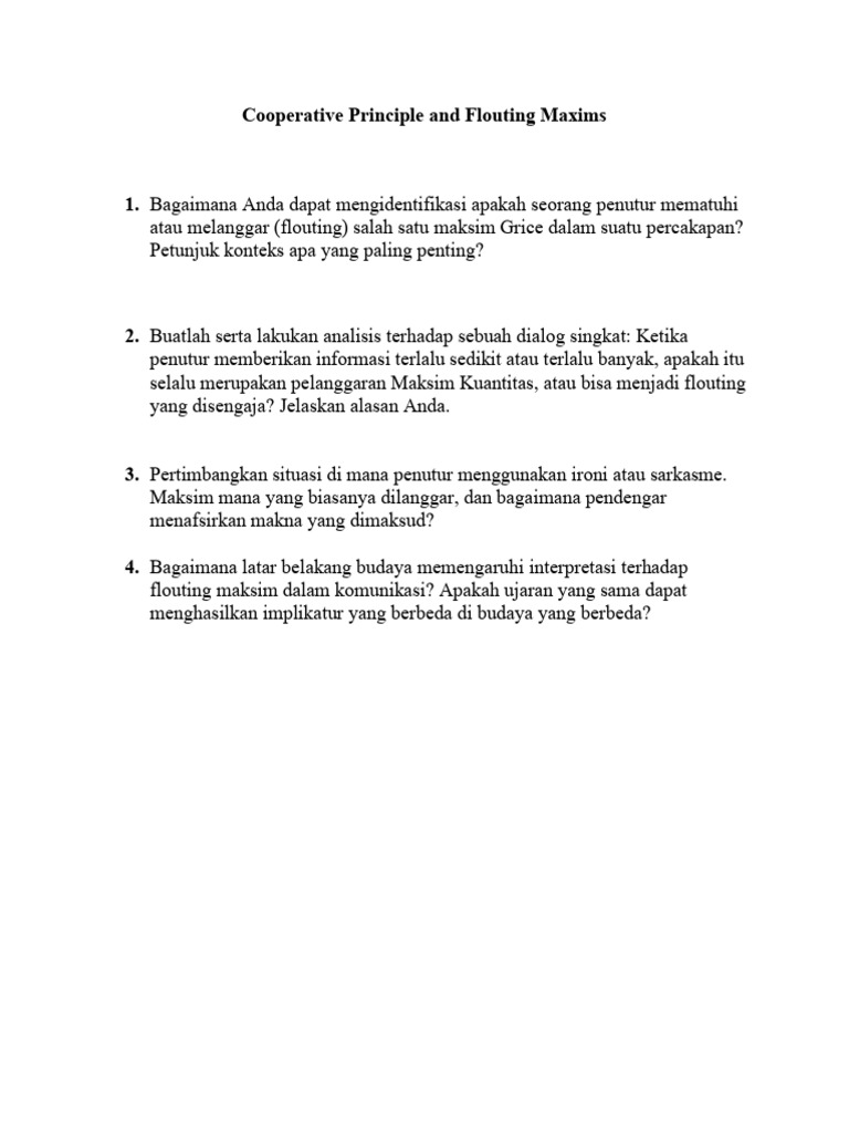 Cooperative Principle and Flouting Maxims Assignment | PDF