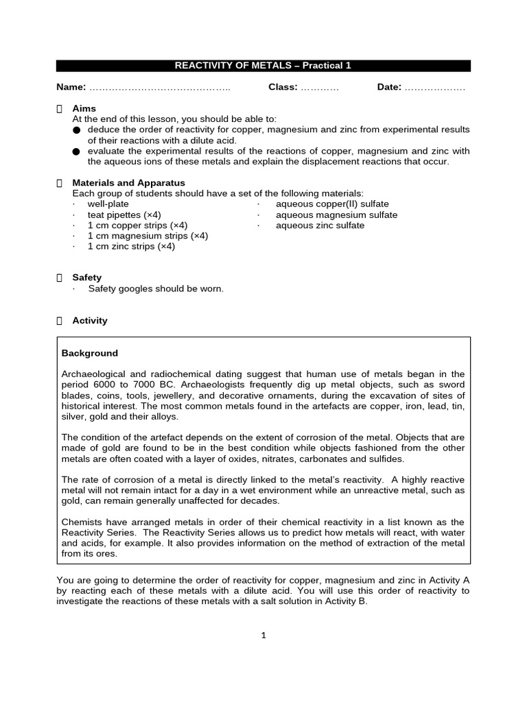 Practical 1 - Metals and Their Order of Reactivity - Ans | PDF