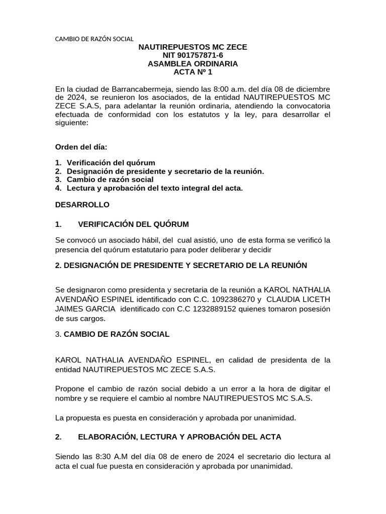 Acta de Cambio de Razon Social | PDF