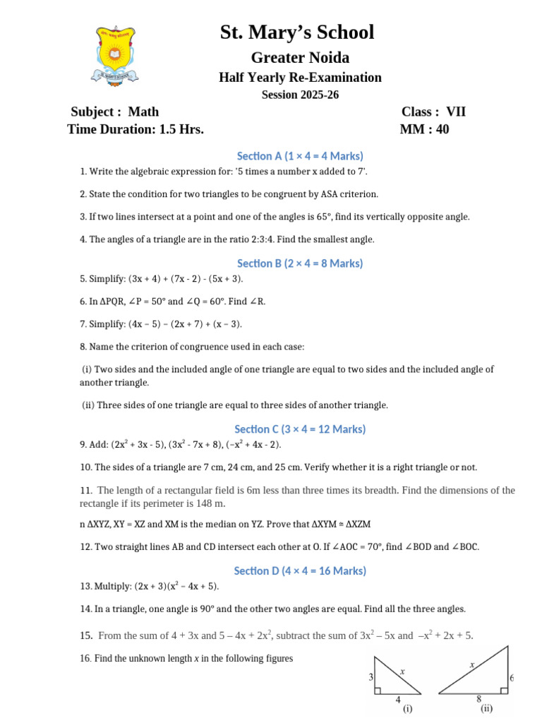 Class7 Maths Re-Exam | PDF