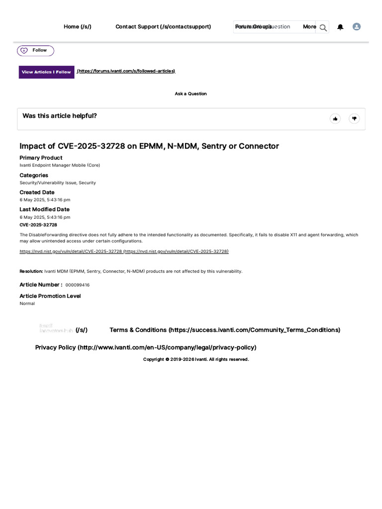 Impact of CVE-2025-32728 On EPMM, N-MDM, Sentry or Connector | PDF