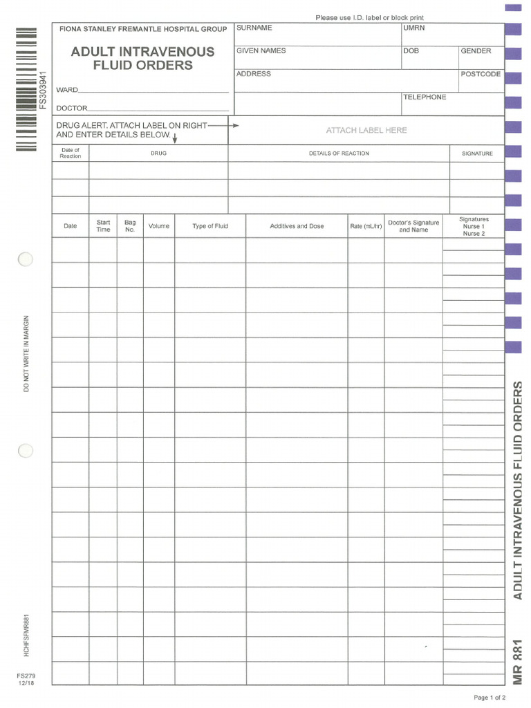 Adult Intravenous Fluid Order Chart | PDF