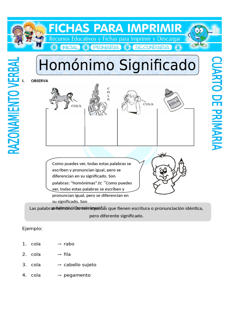 Ficha Homónimo Significado para Cuarto de Primaria | PDF | Lingüística ...