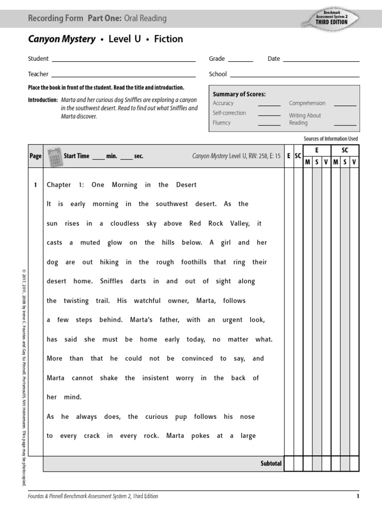 Canyon Mystery - Level U - Recording Form | PDF