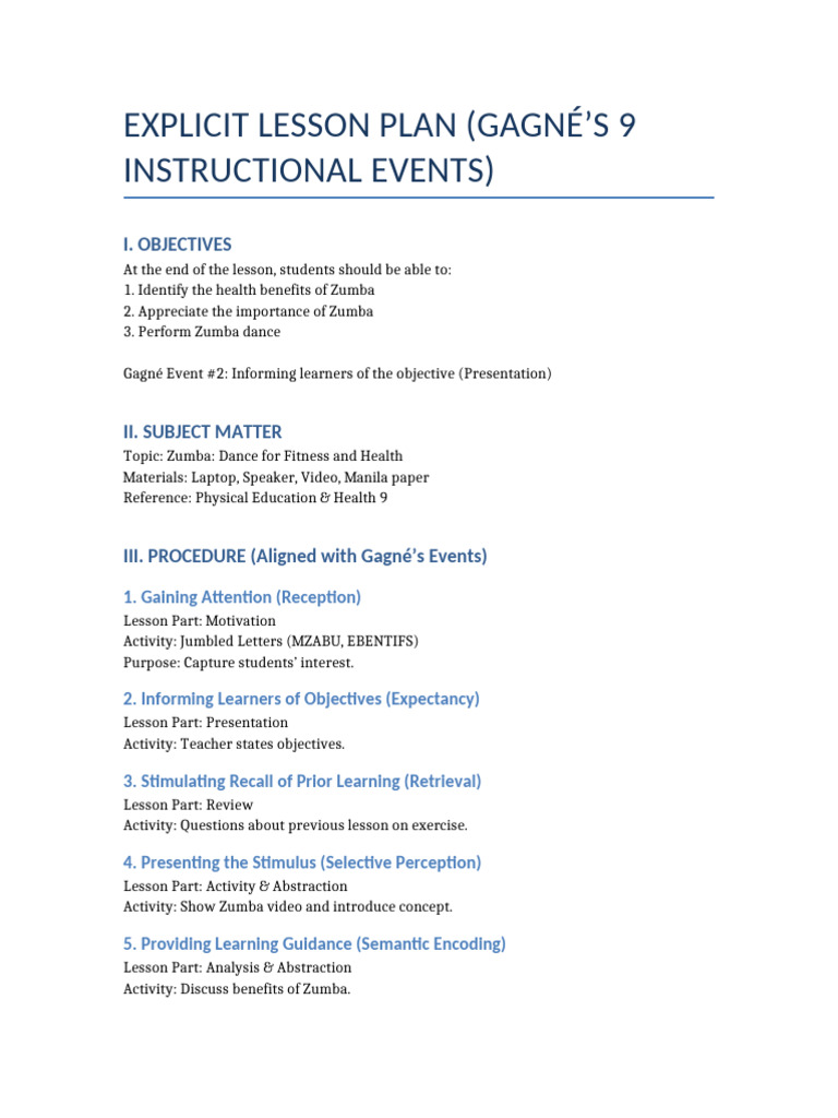 Explicit Lesson Plan Gagne | PDF