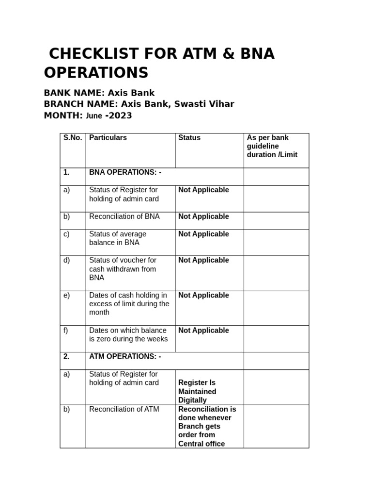 Checklist For ATM & BNA Operation Axis BAnk Sawasti Vihar May-23 | PDF