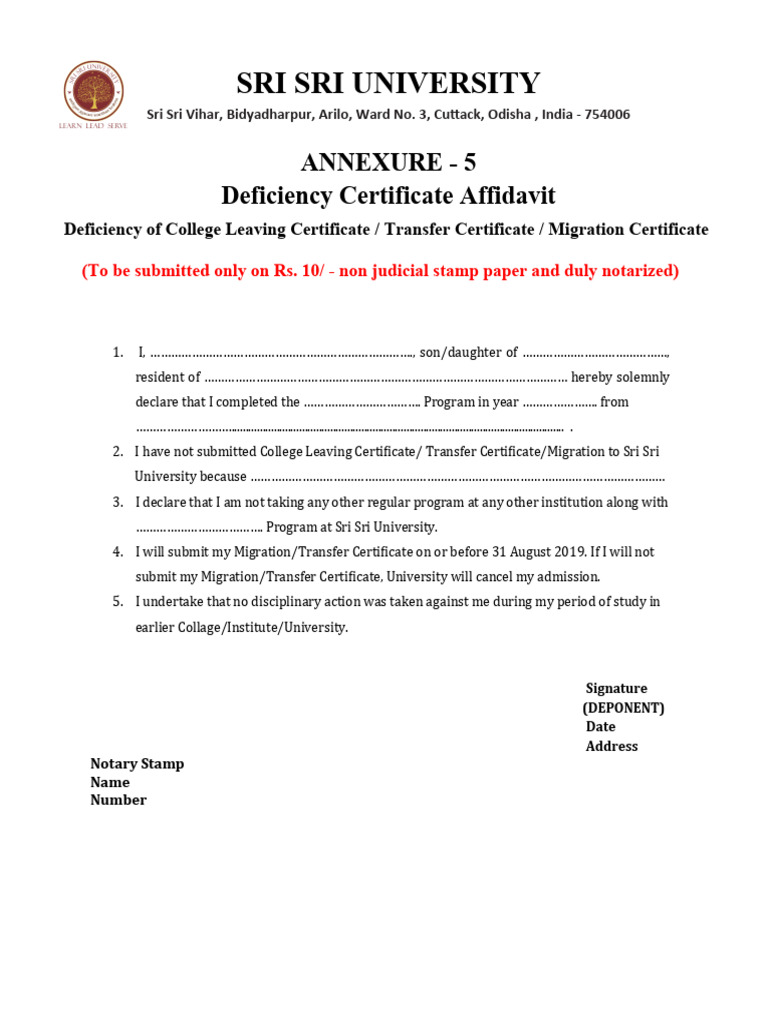 A5 CLC Transfer Certificate Deficiency Affidavit PDF | PDF