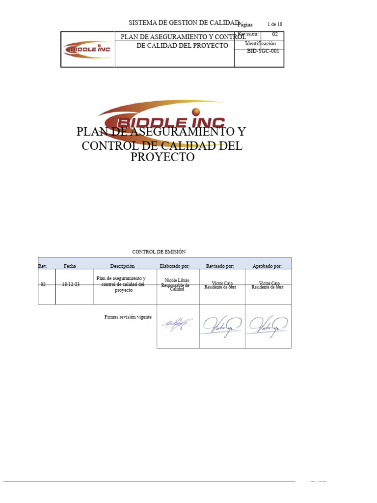Plan de Aseguramiento y Control de Calidad Del Proyecto Biddle | PDF ...