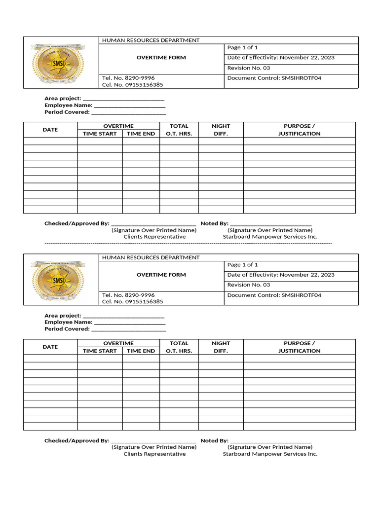 Overtime Form Otf 1 | PDF