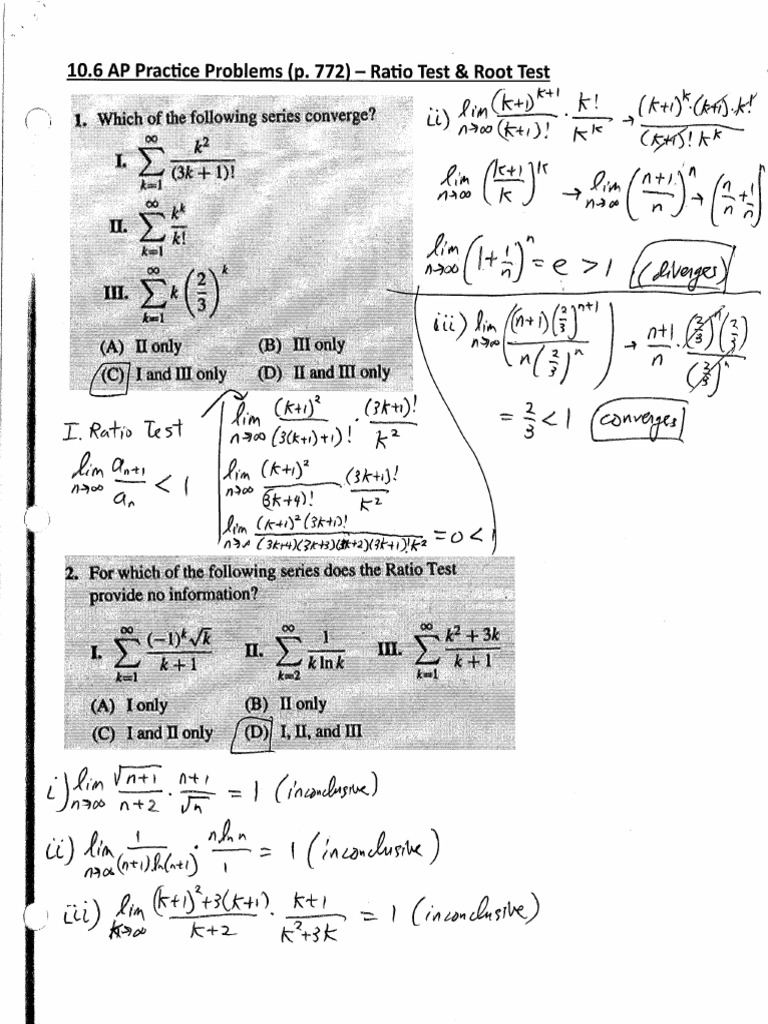 Unit 10.6 Ratio Root Test - AP Practice Problems Key | PDF