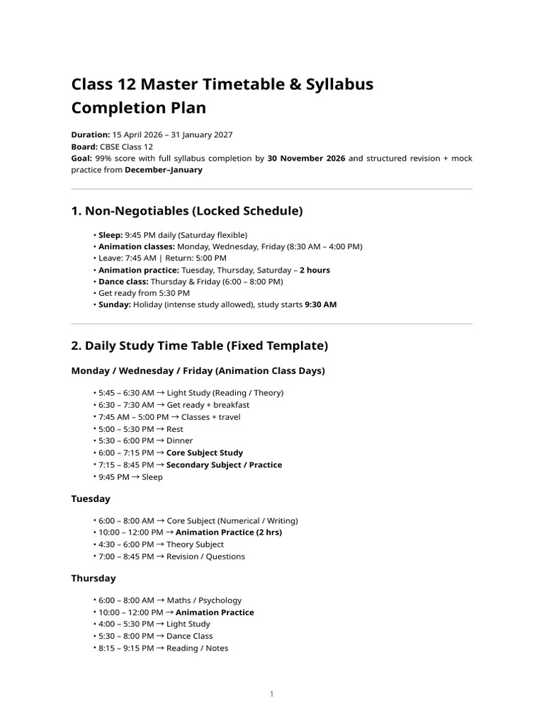 Class 12 Master Timetable & Syllabus Plan (99% Target) | PDF