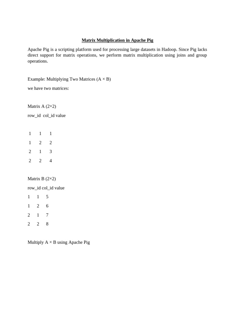 Matrix Multiplication in Apache Pig | PDF