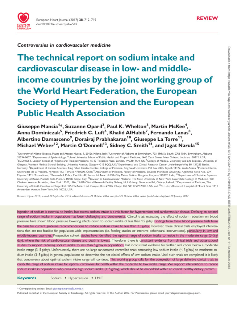 The Technicla Report On Sodium Intake WHF, ESH EPHA | PDF ...