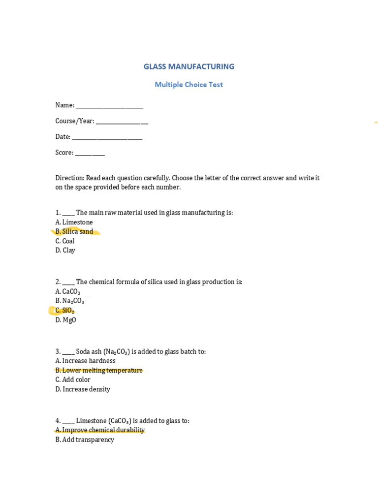 Glass Manufacturing Multiple Choice Test | PDF | Glasses | Amorphous Solid