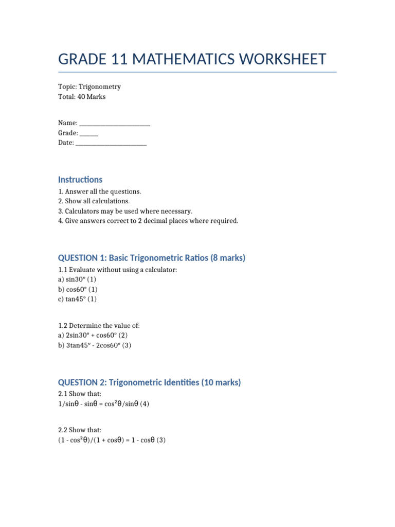 Grade11 Trigonometry Worksheet | PDF