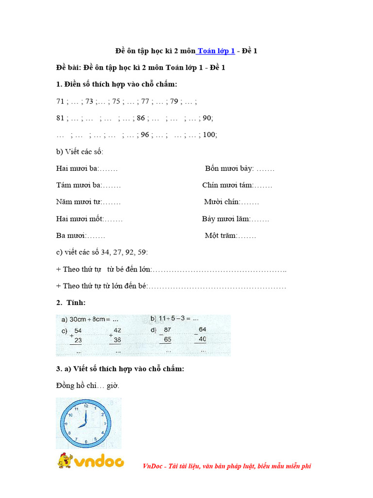De On Tap Hoc Ki 2 Mon Toan Lop 1 de 1 | PDF