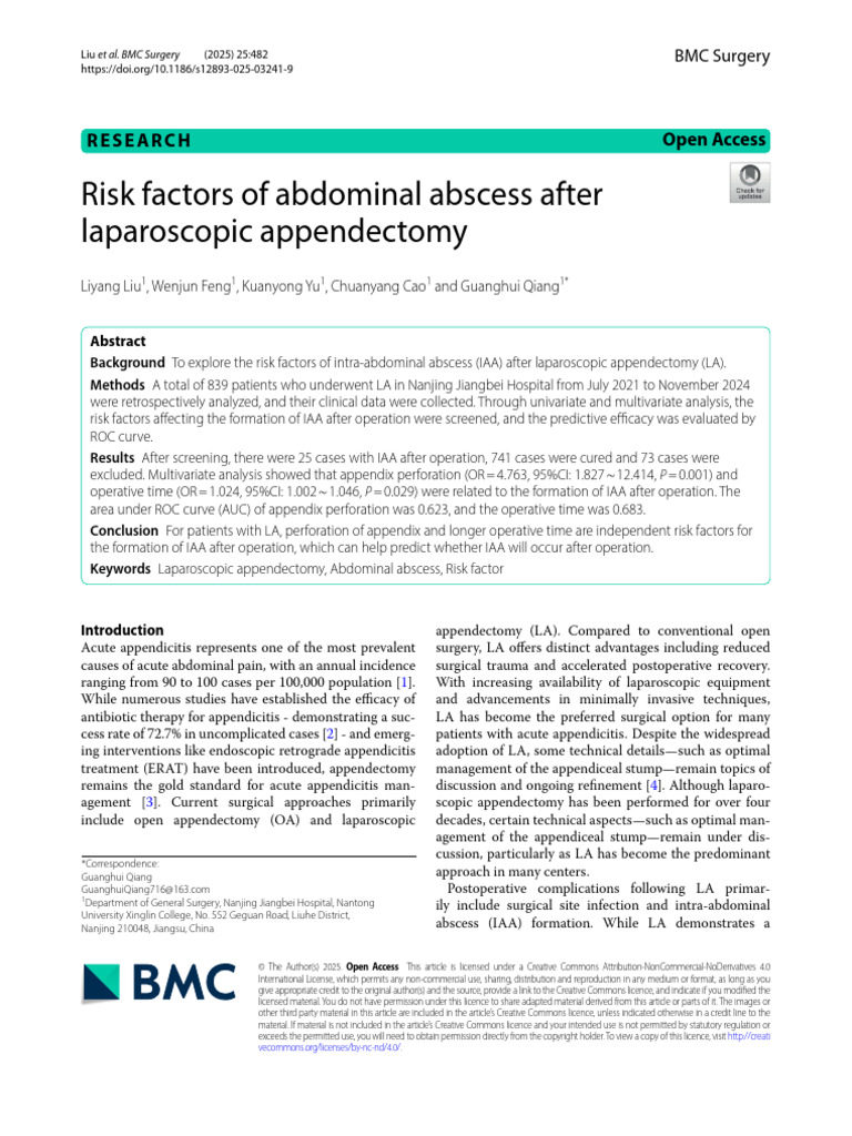 Risk Factors of Abdominal Abscess After Laparoscopic Appendectomy | PDF ...