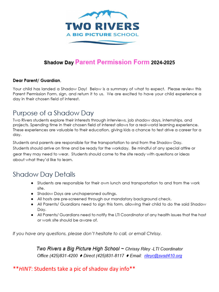 Parent Permission Form: Purpose of A Shadow Day | PDF