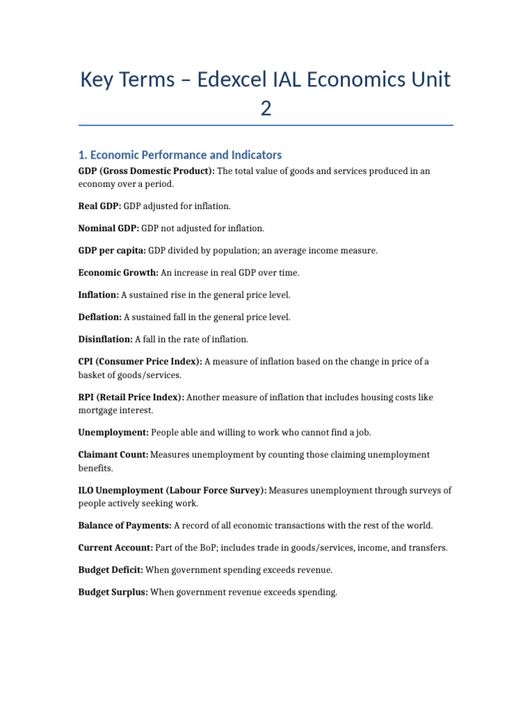 IAL Economics Unit2 Key Terms | PDF | Inflation | Gross Domestic Product