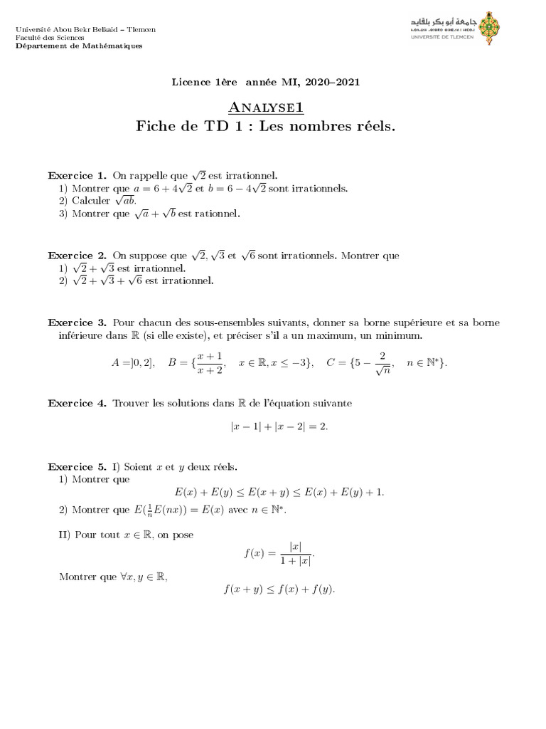 L1 MI TD1 Analyse1 20 | PDF | Mathématiques | Mathématiques élémentaires