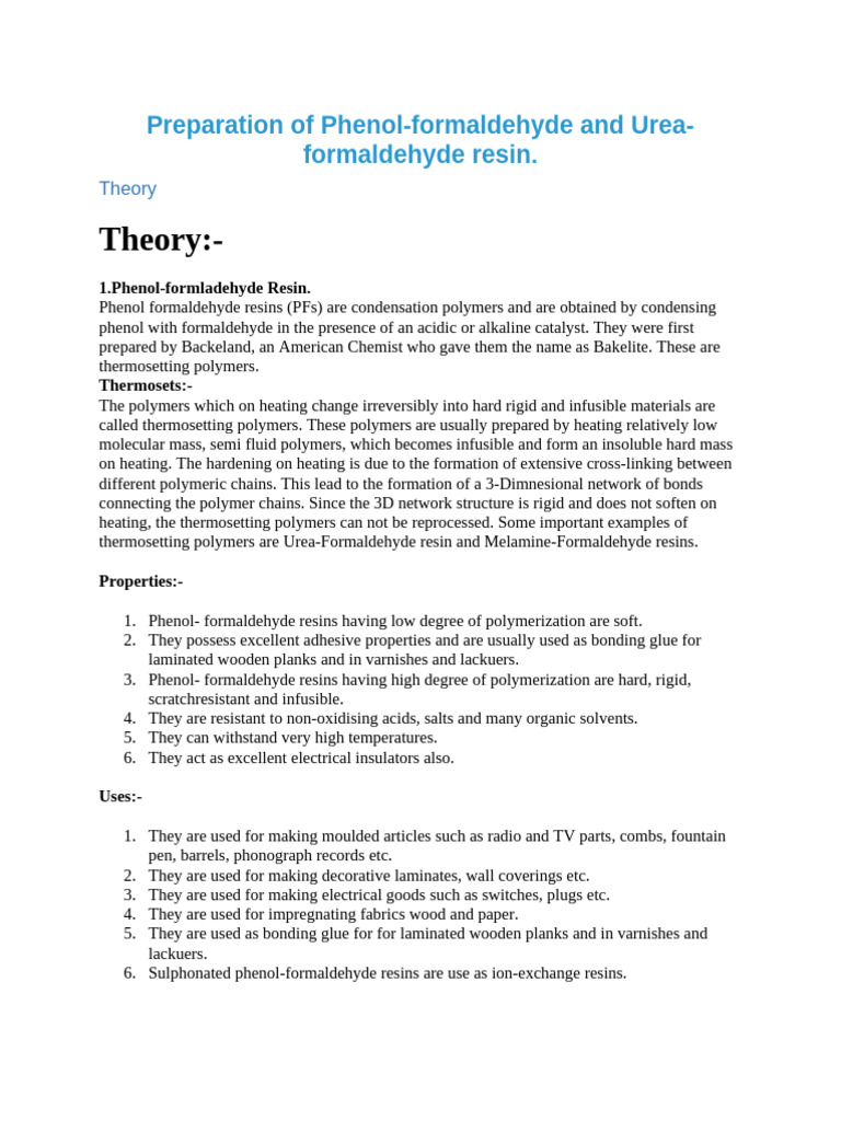 Preparation of Phenol - Formaldehyde | PDF | Formaldehyde | Chemistry