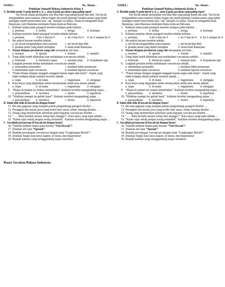Penilaian Mapel Bahasa Indonesia Bab 4 | PDF
