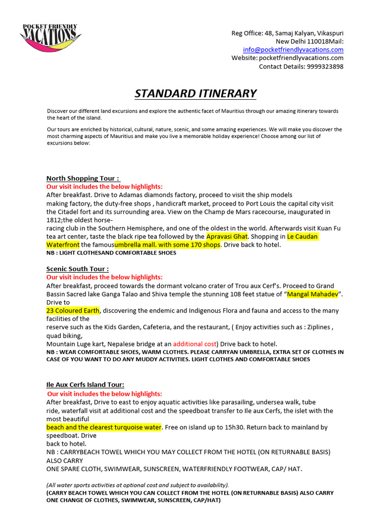 Mauritius Standard Tour Inclusion | PDF