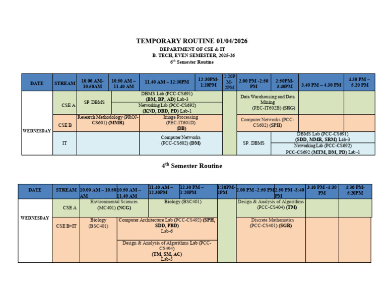 Temporary Routine - 4th+6th - SEM - Final - Routine - 1 - 4 - 2026 ...