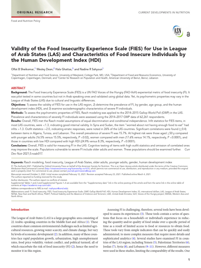 Validity of The Food Insecurity Experience Scale F | PDF