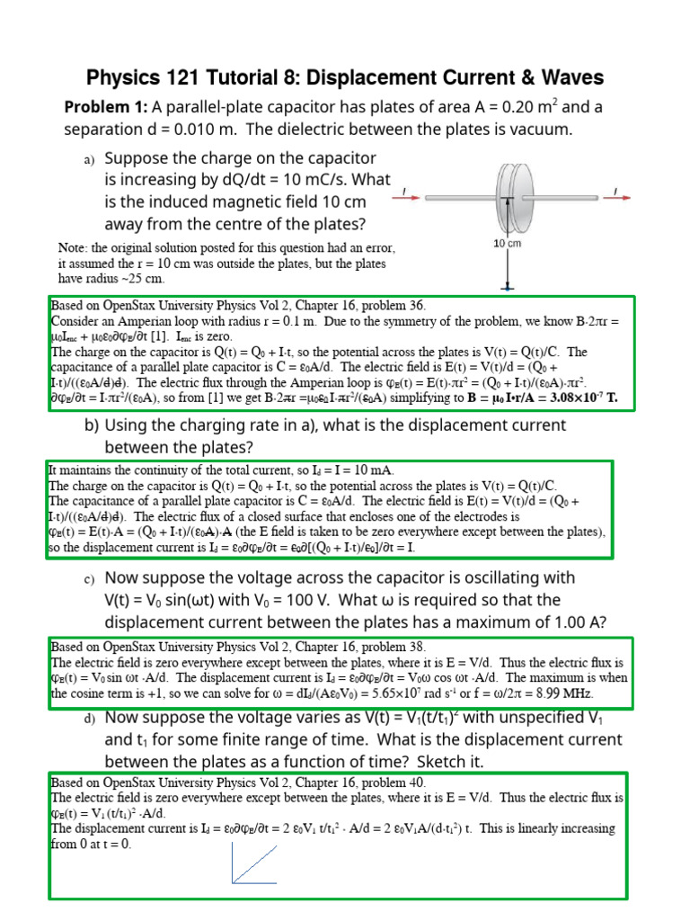 Physics 121 Tutorial 8: Displacement Current & Waves: Problem 1 | PDF ...